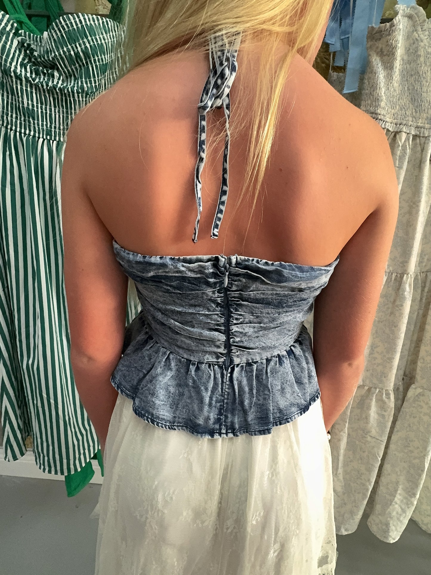 On The Ranch Washed Denim Ruched Halter Top