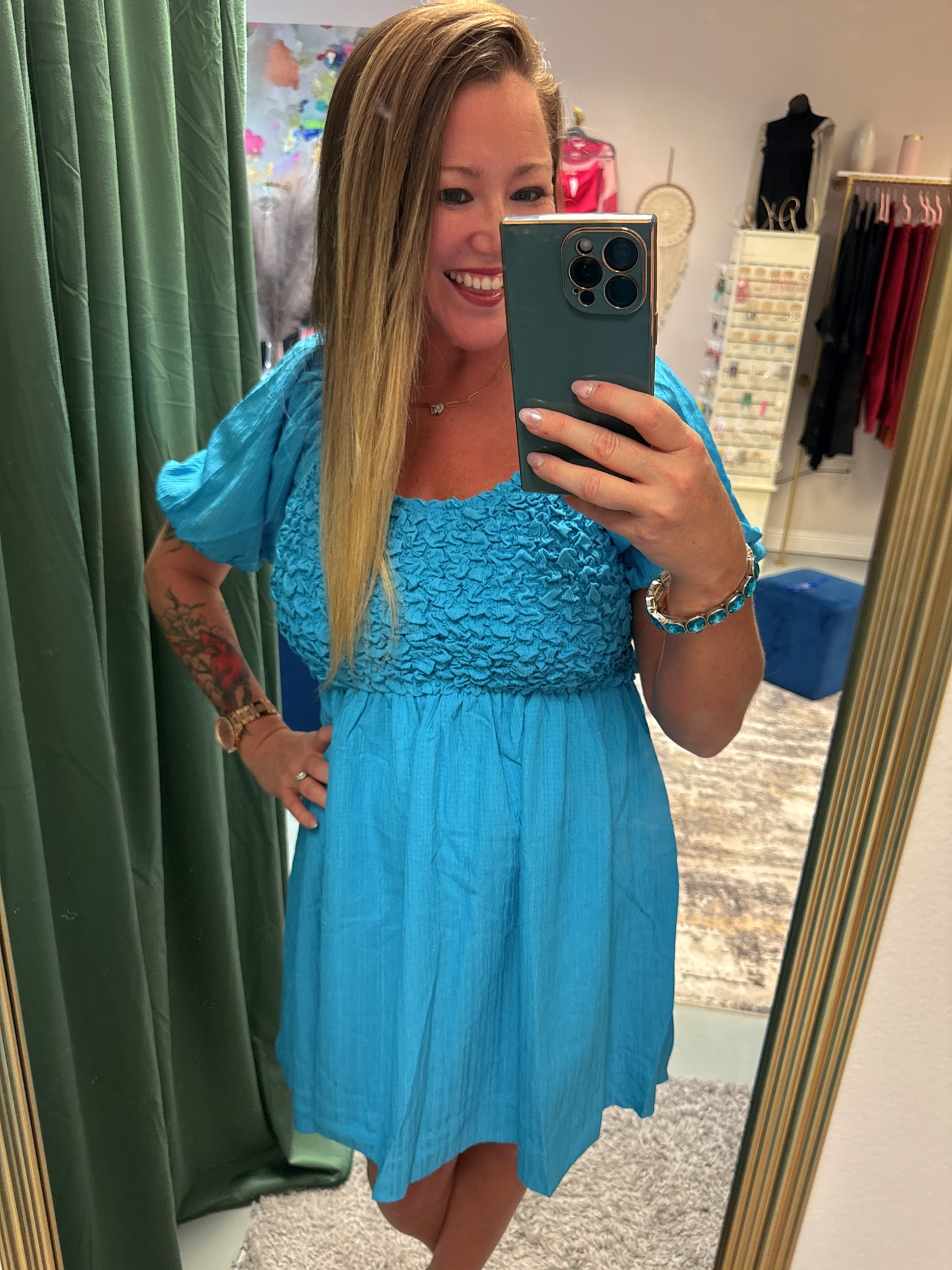 Take Me To The Beach Smocked Turquoise Dress