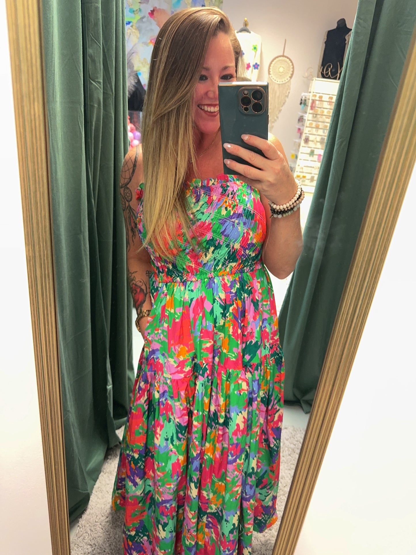 Take Me Away Poplin Print Smocked Maxi Dress