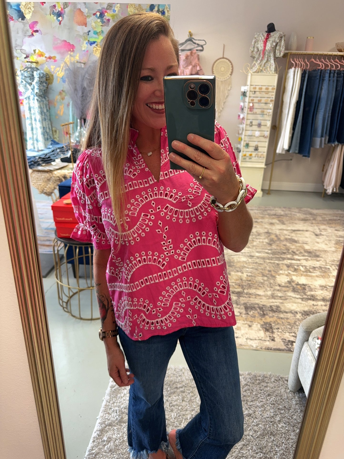 Hot Pink Embroidered Puff Sleeve Top