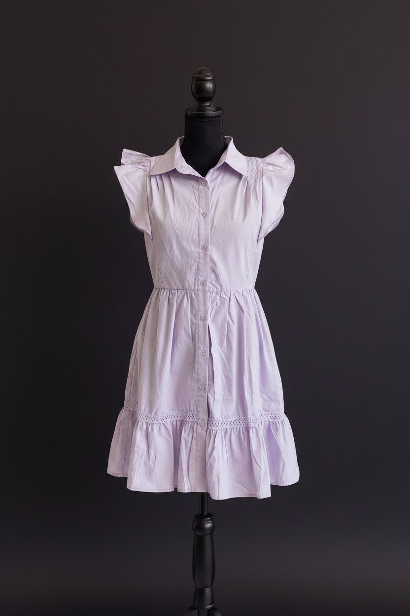 Fit & Flare Button Up Ruffled Sleeve Dress
