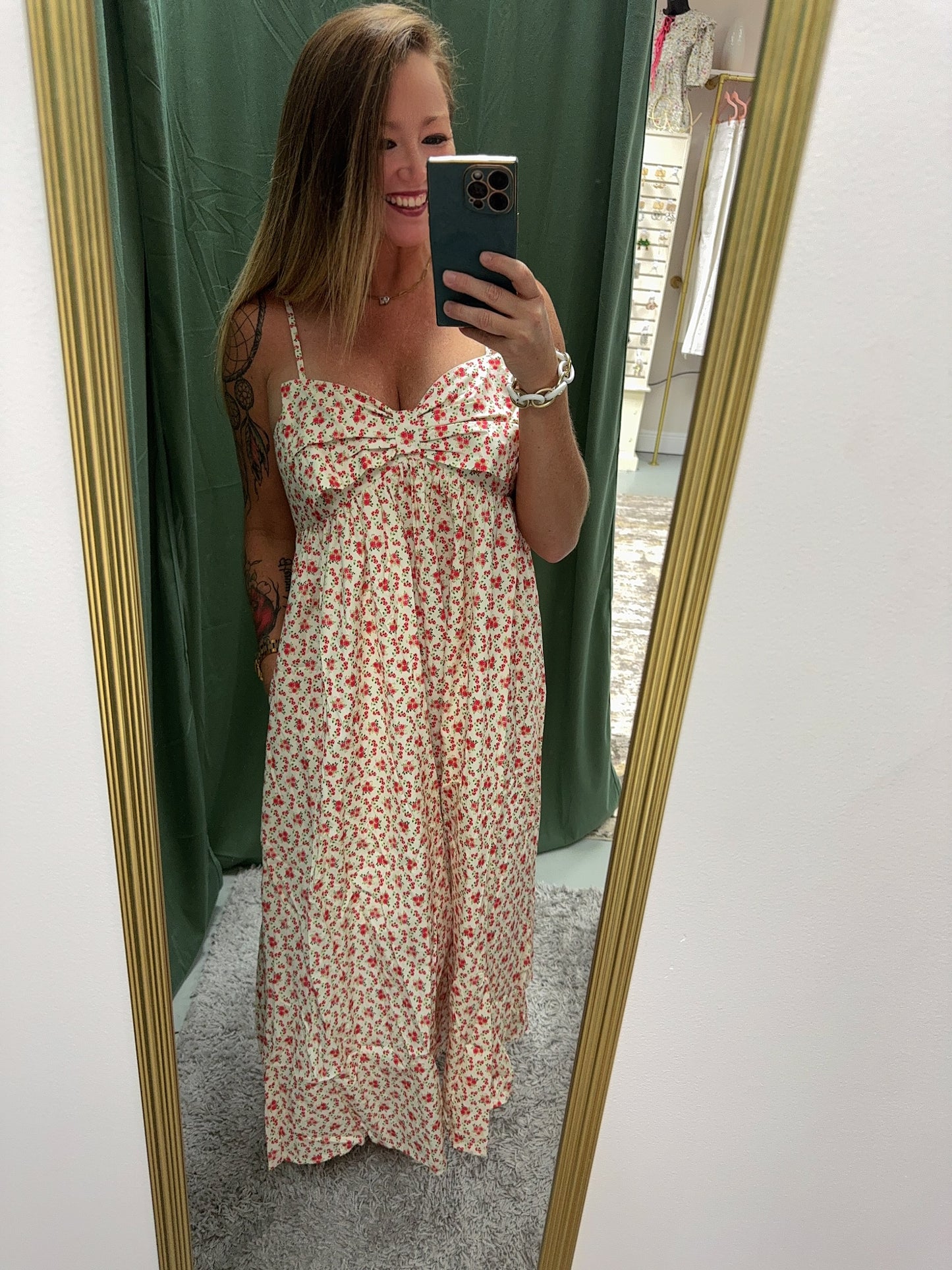 Floral Bow Cream Midi Dress