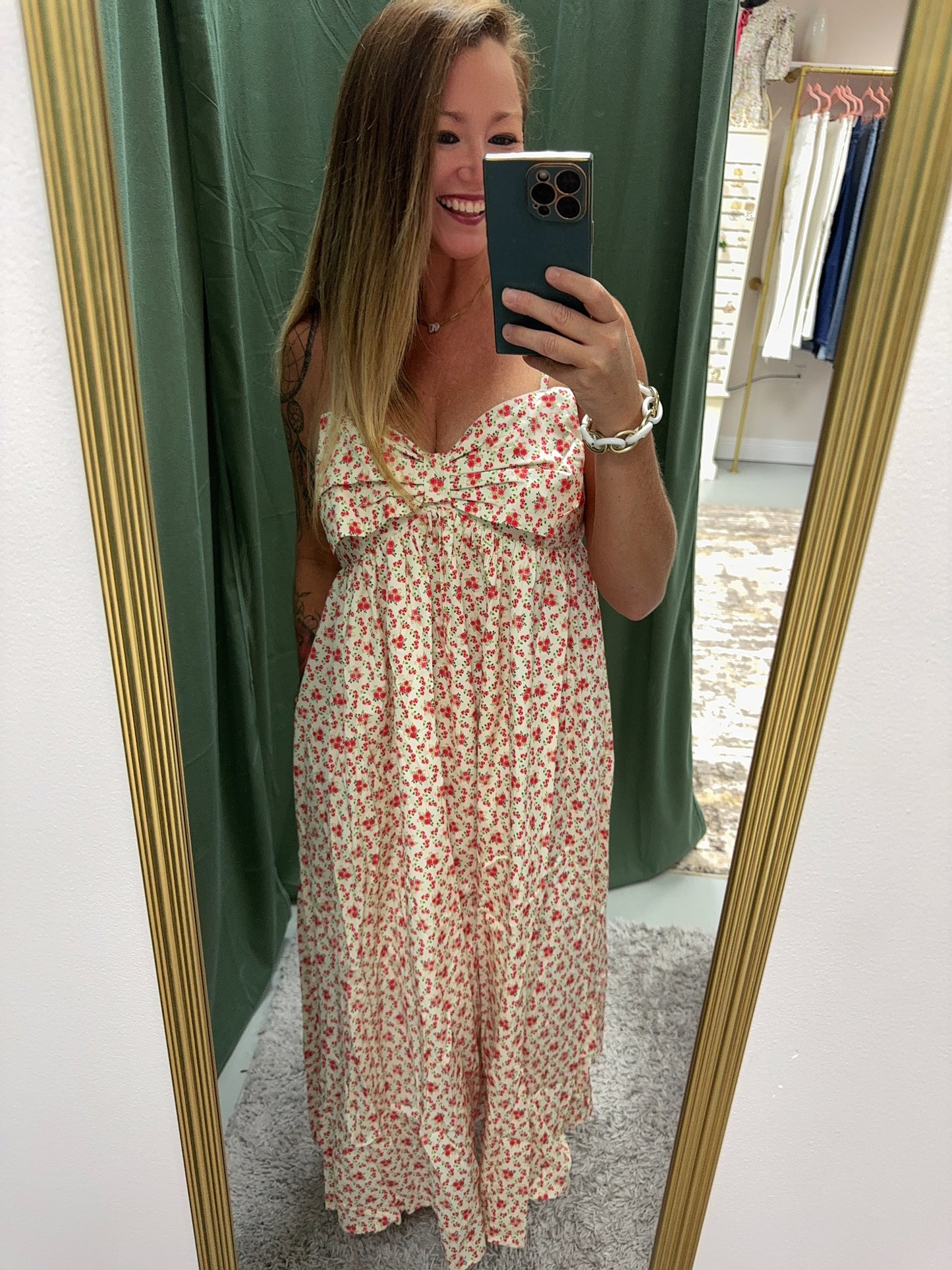 Floral Bow Cream Midi Dress