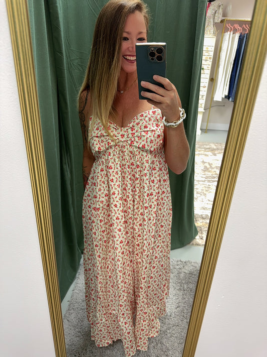 Floral Bow Cream Midi Dress