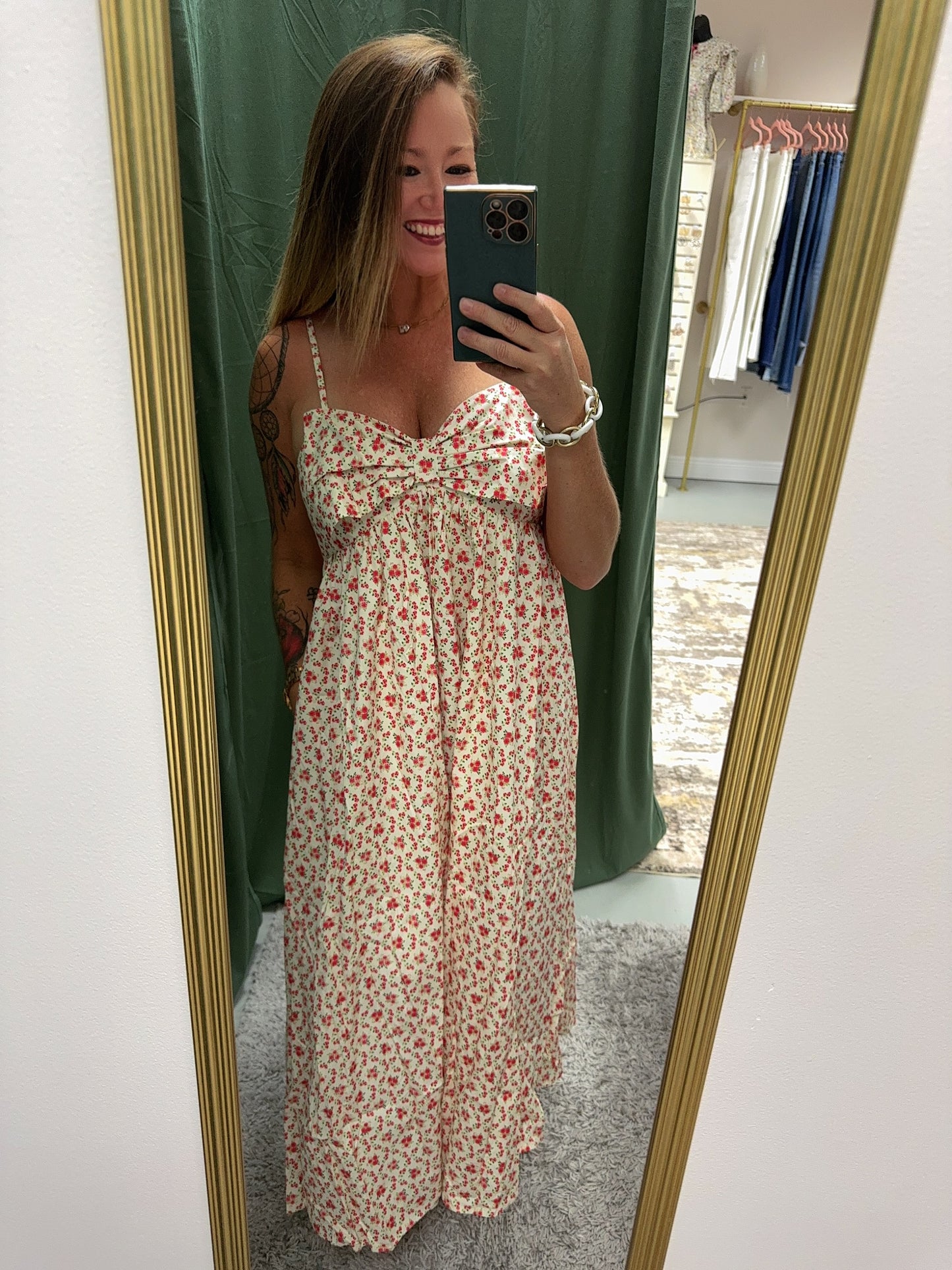 Floral Bow Cream Midi Dress