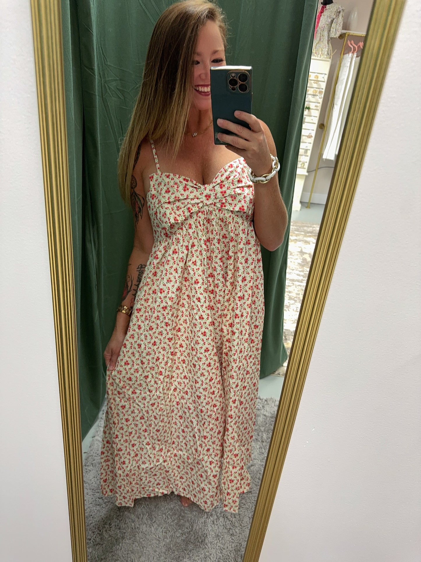 Floral Bow Cream Midi Dress