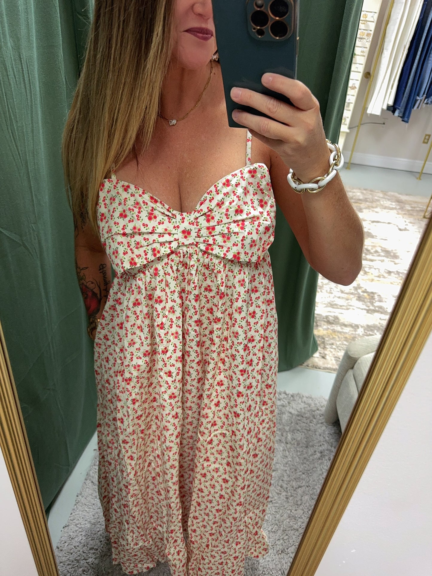 Floral Bow Cream Midi Dress