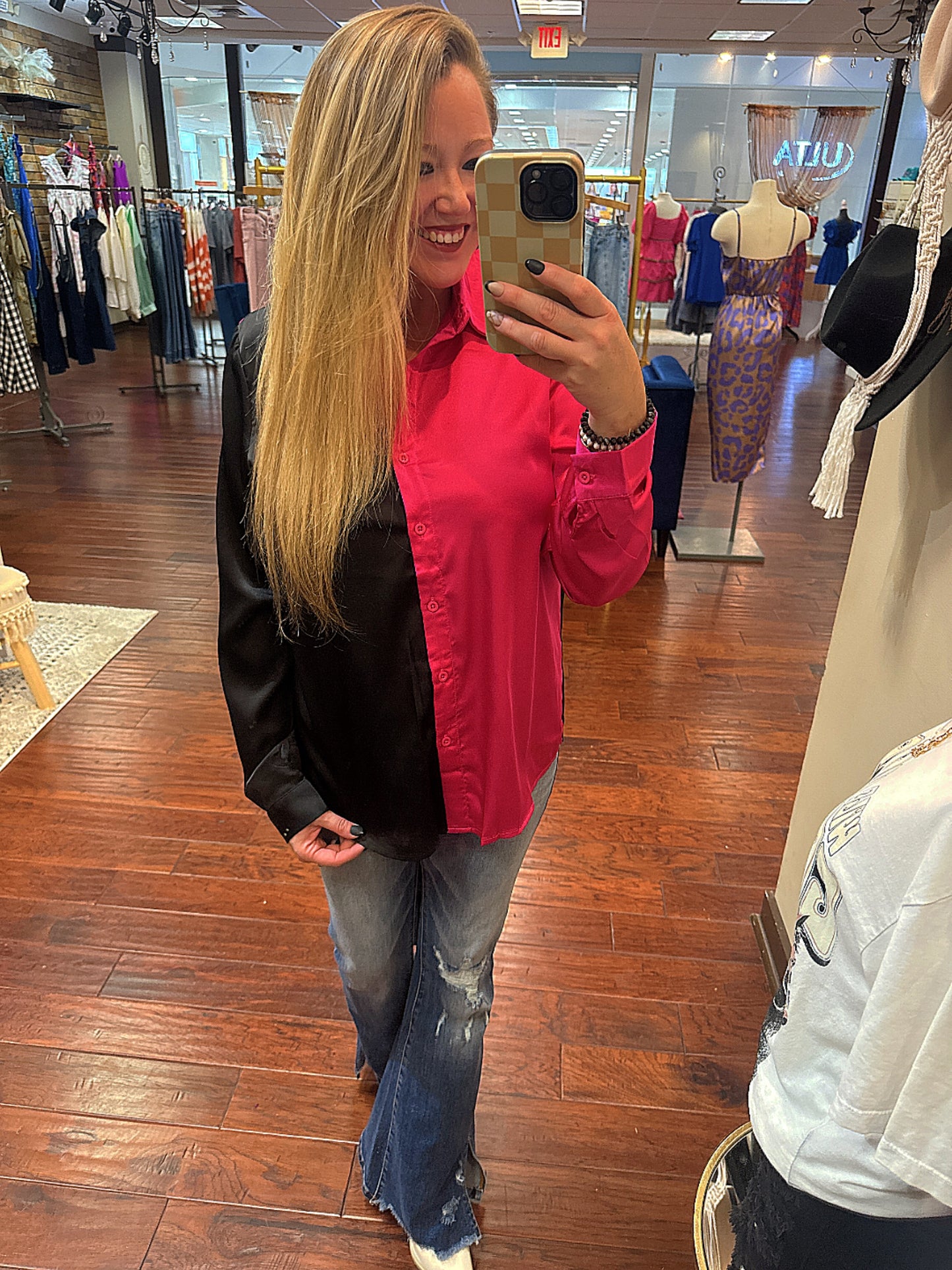 On Trend Button Up Top - Black/Pink
