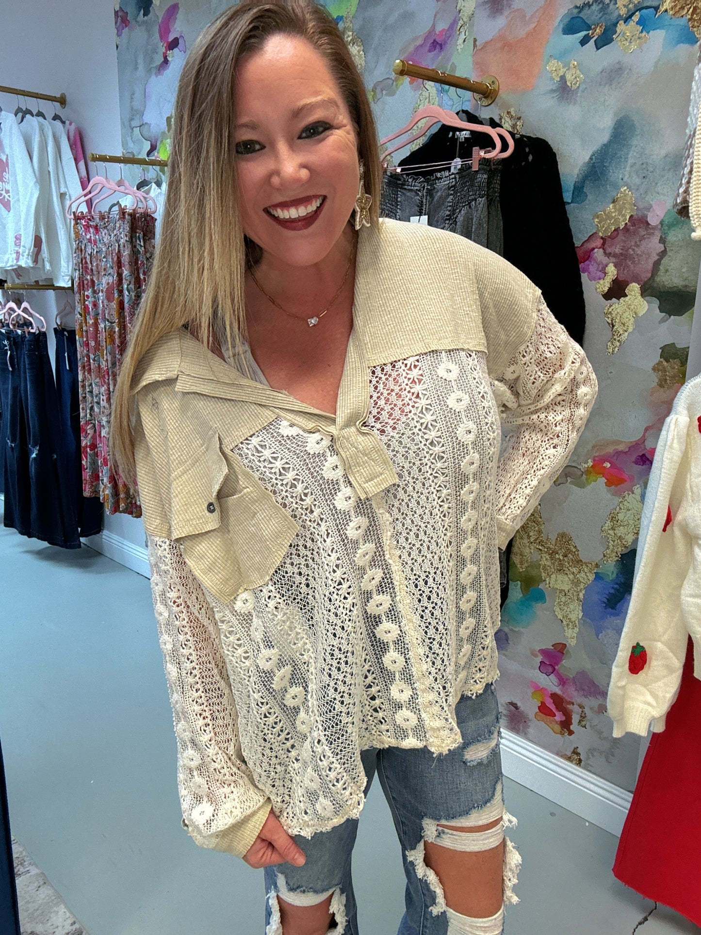 POL Peek-A-Boo Lace Top - Beige