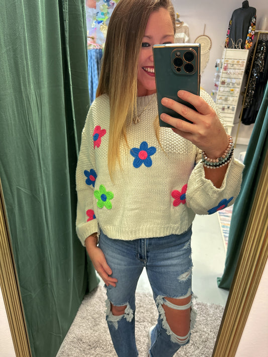 Mia Crocheted Floral Sweater.