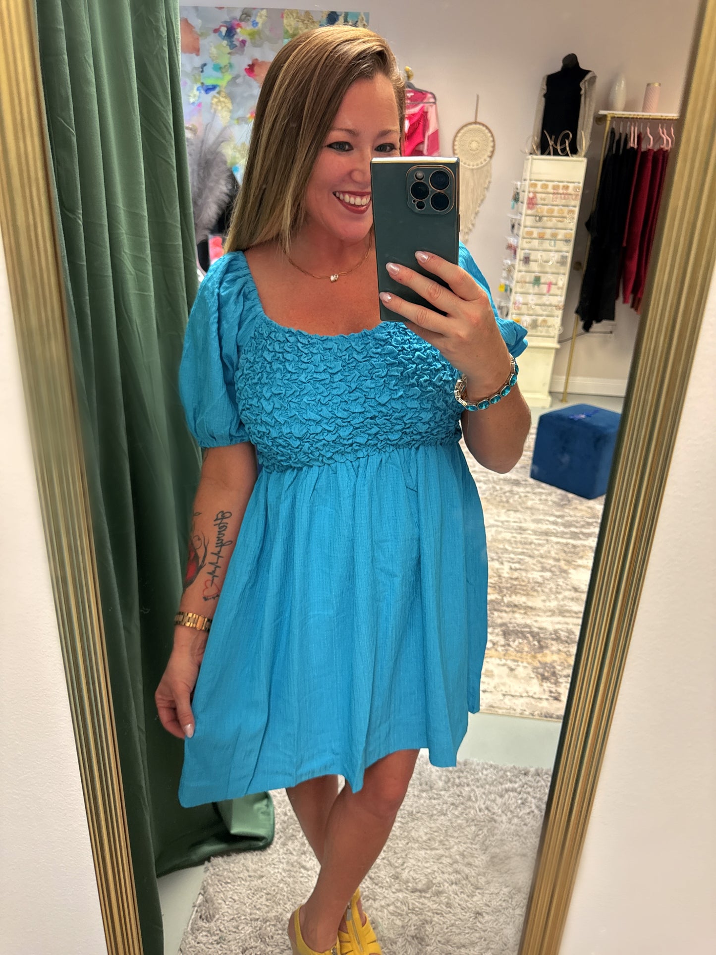 Take Me To The Beach Smocked Turquoise Dress