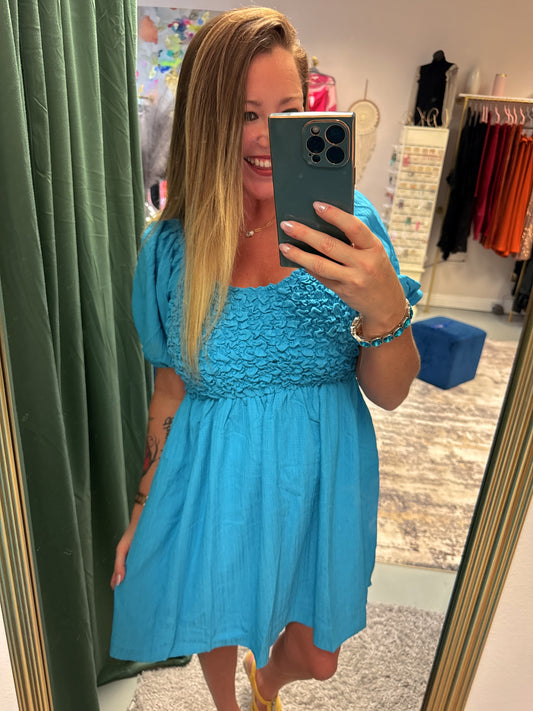 Take Me To The Beach Smocked Turquoise Dress
