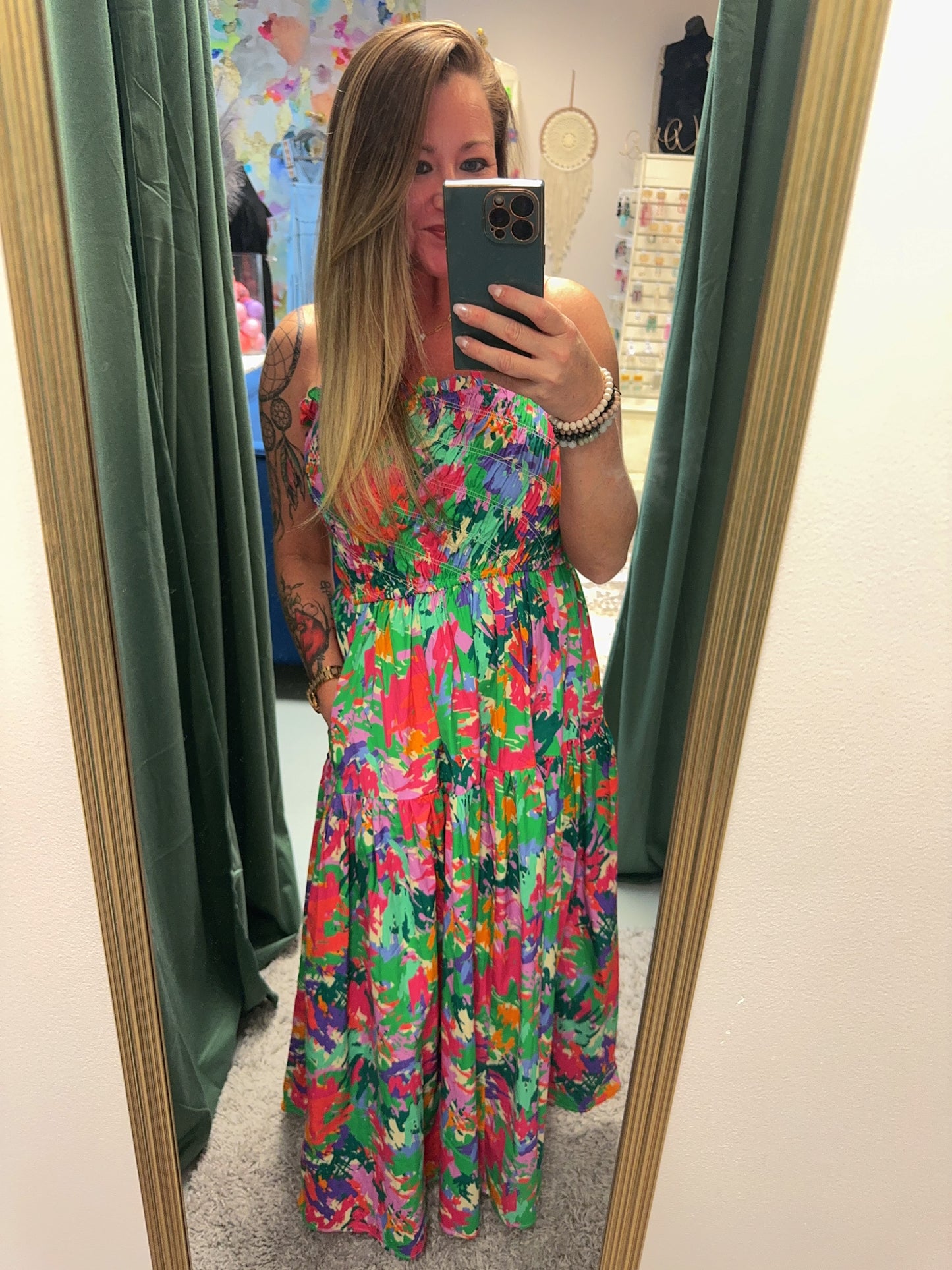 Take Me Away Poplin Print Smocked Maxi Dress