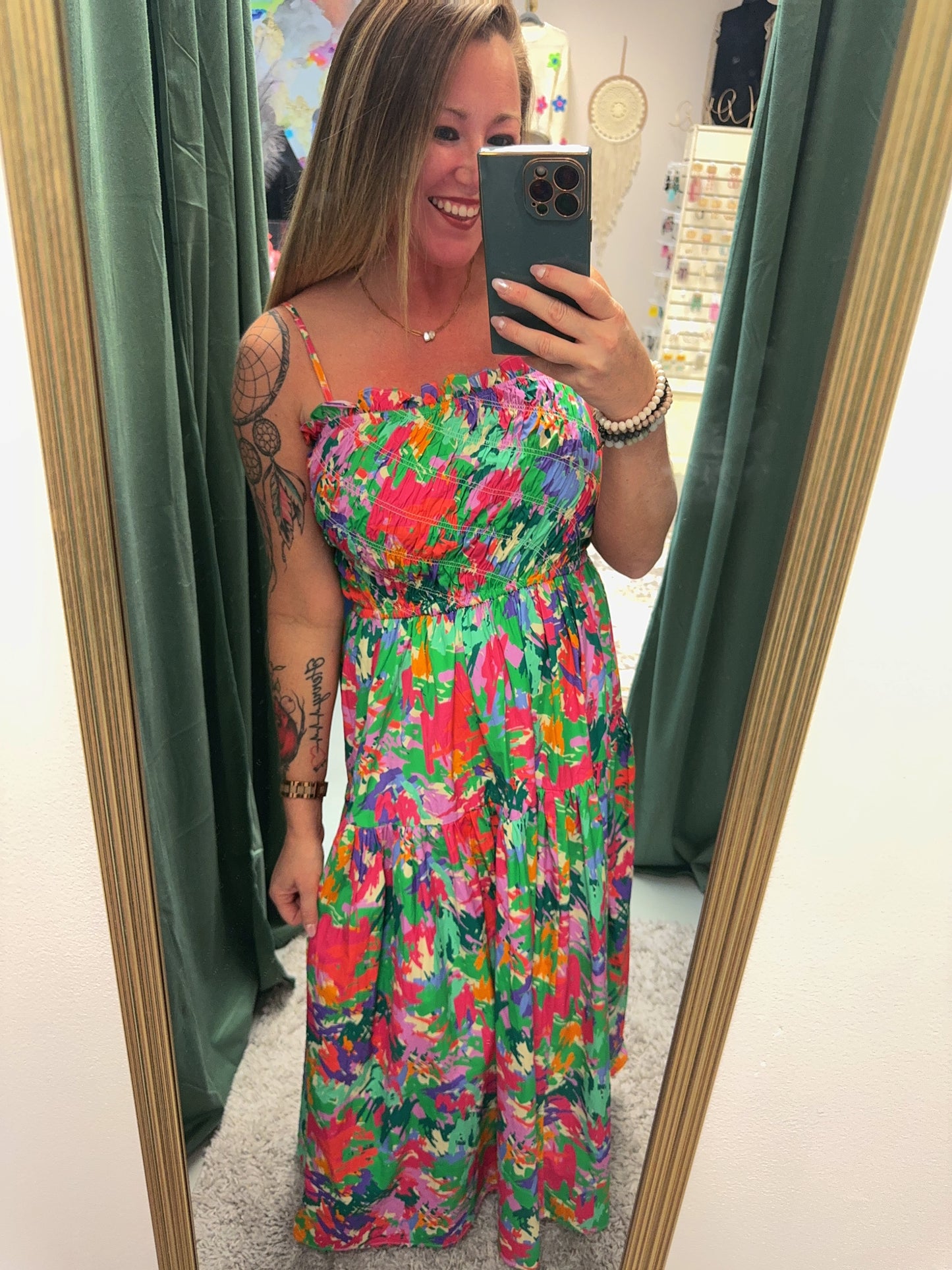 Take Me Away Poplin Print Smocked Maxi Dress