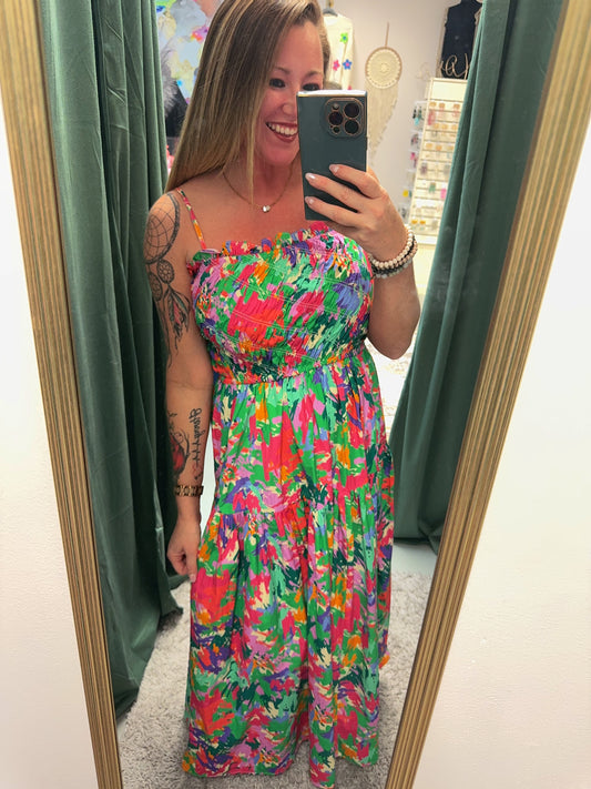 Take Me Away Poplin Print Smocked Maxi Dress