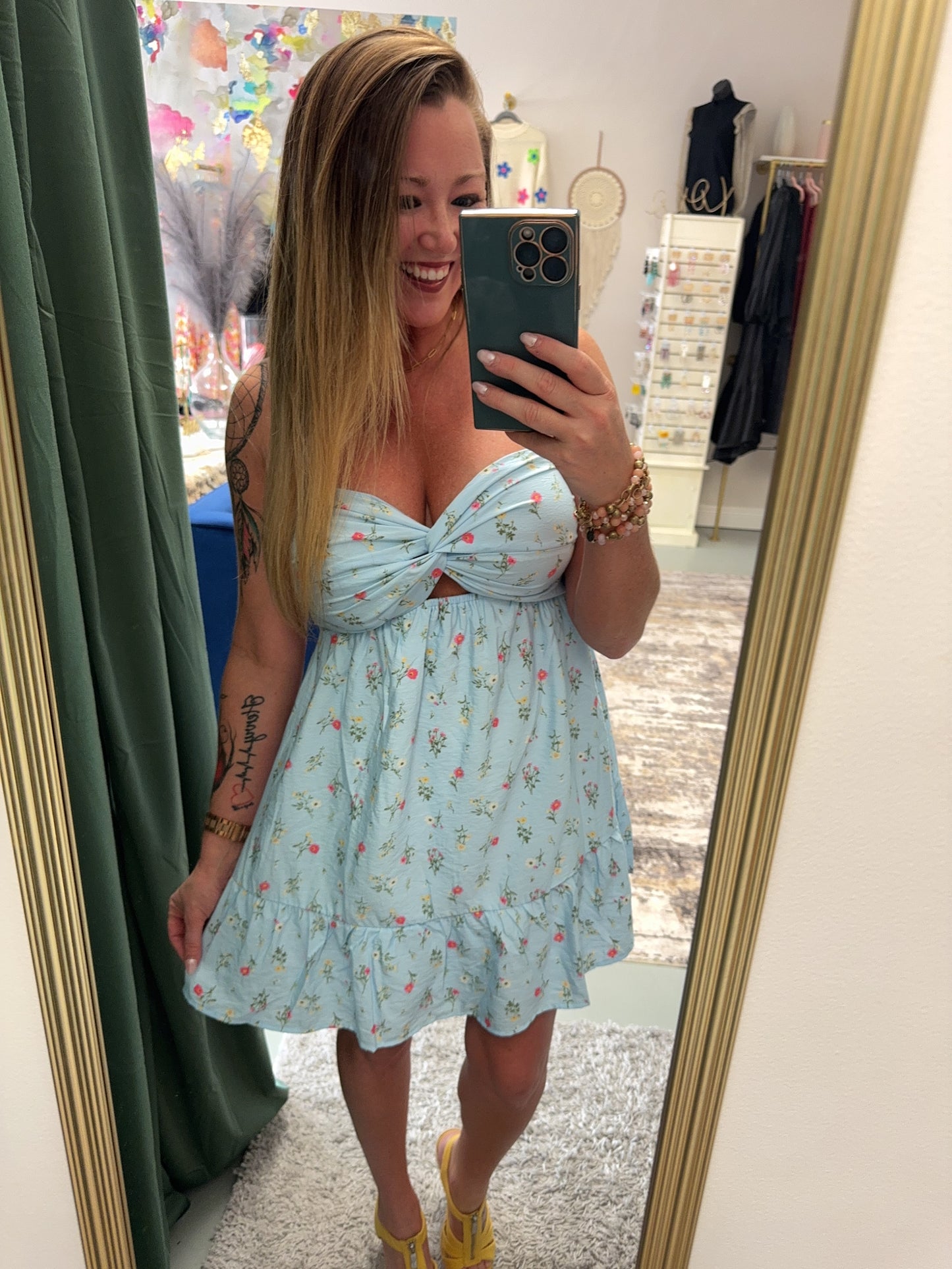 Baby Blue Floral Strapless Dress
