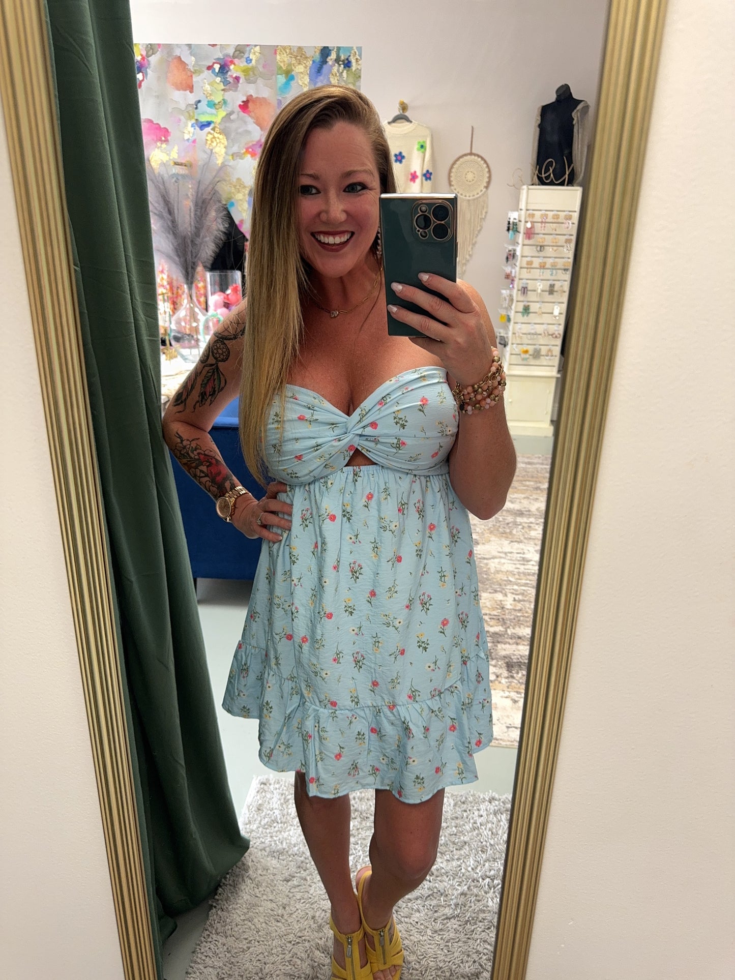 Baby Blue Floral Strapless Dress