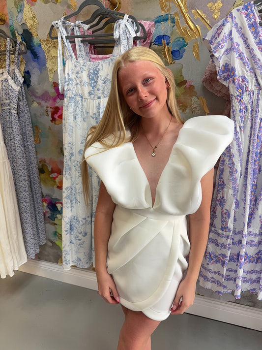 Plunging Neckline Mini Ruffle Dress