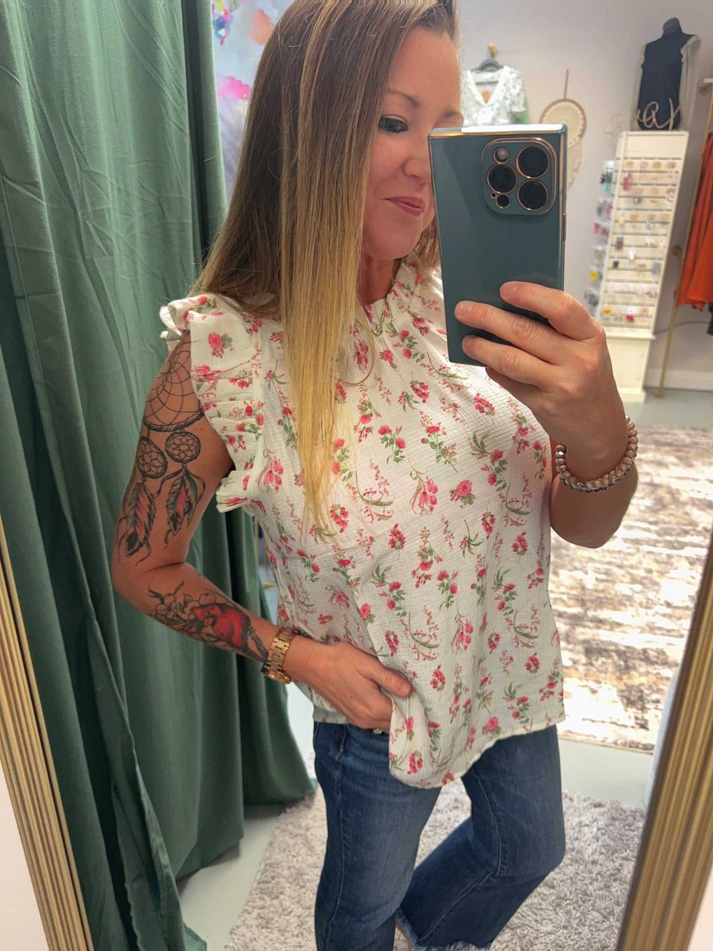 Pink Floral On The Go Ruffle Sleeveless Top