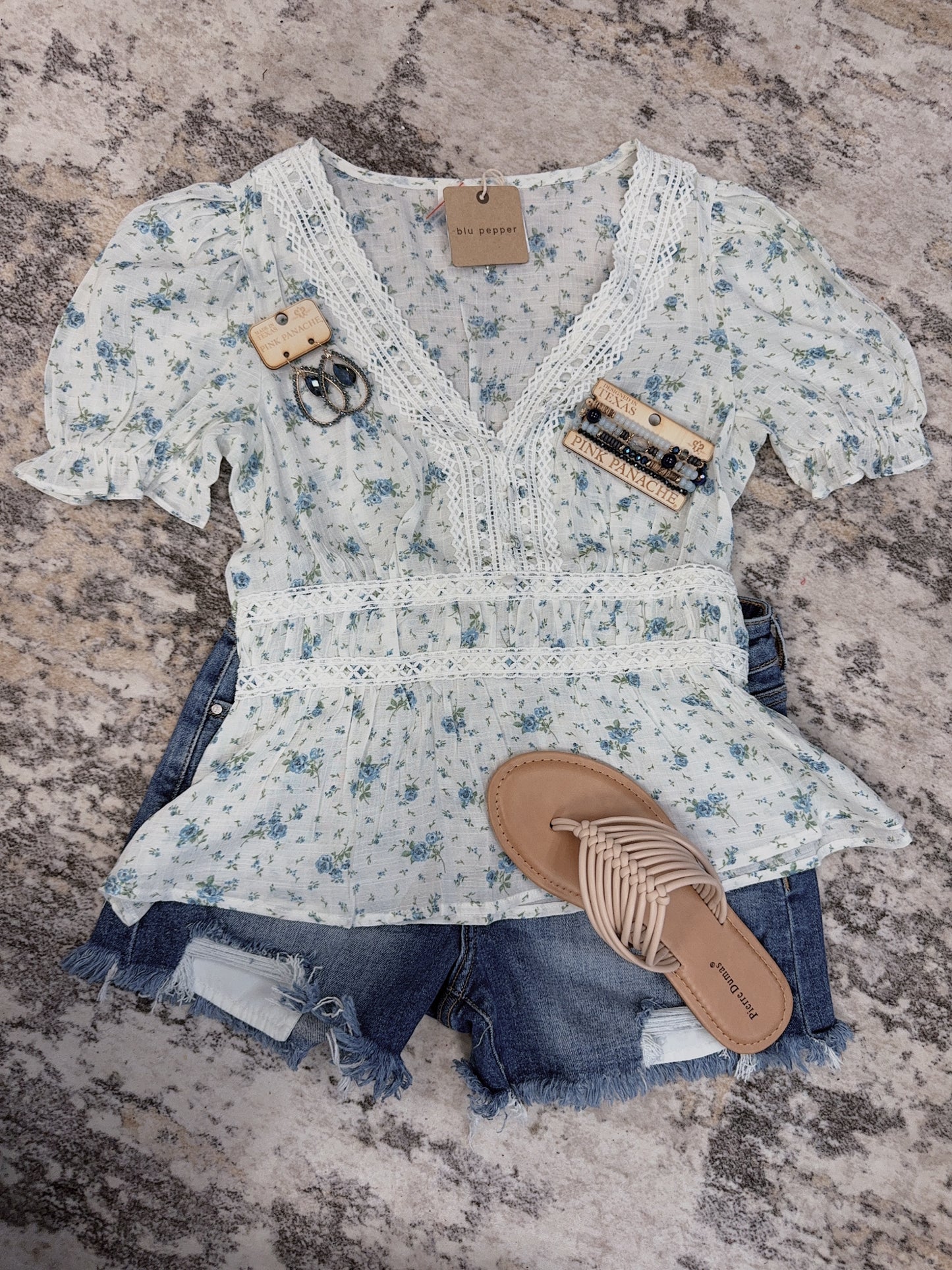 Blue Multi V Neck Crochet Lace Trim Top