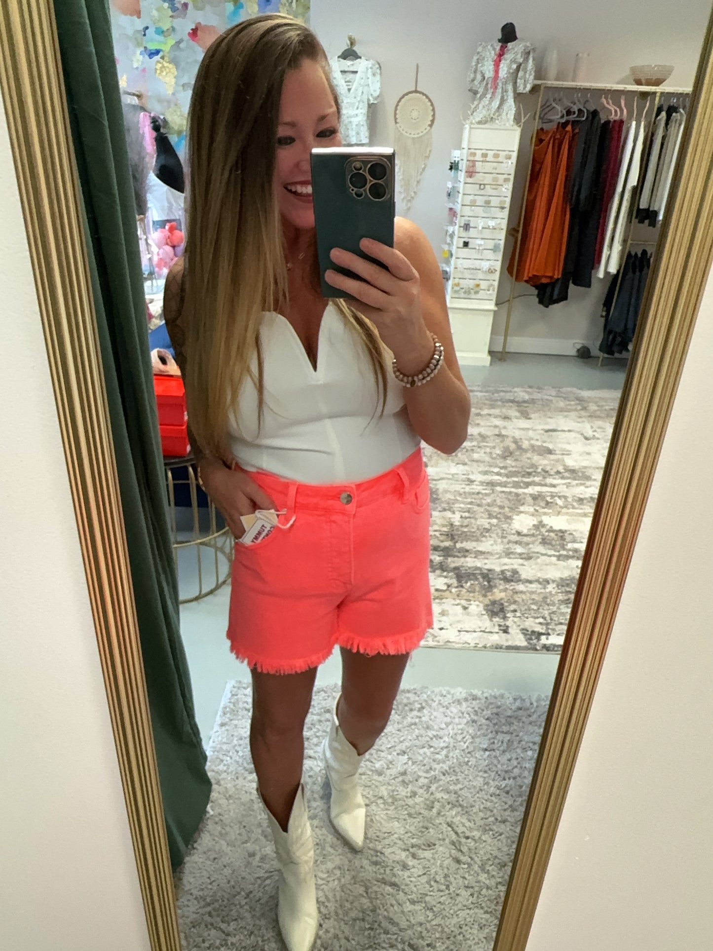 CORAL RISEN TUMMY CONTROL HIGH RISE FRAY HEM SHORTS