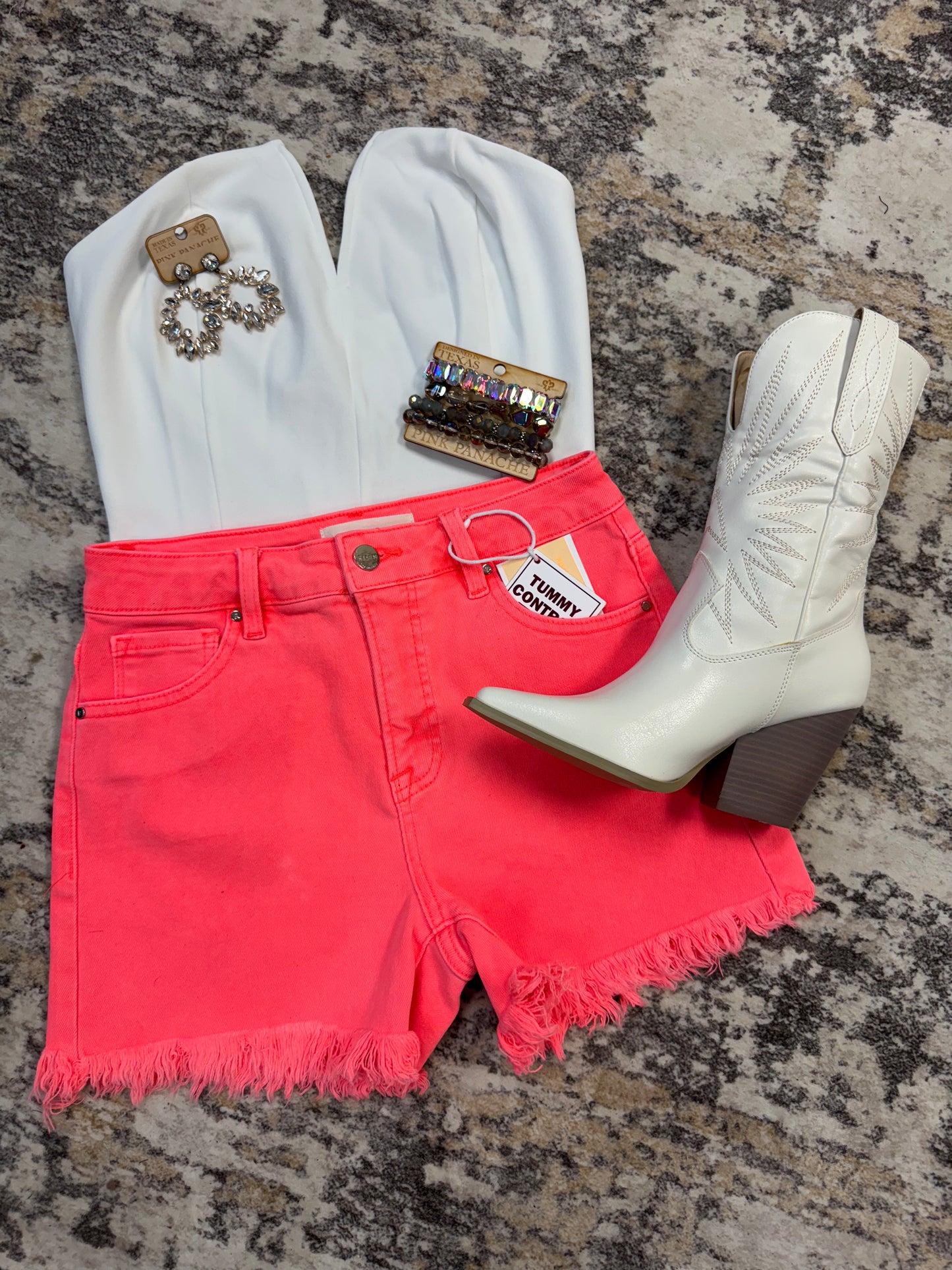 CORAL RISEN TUMMY CONTROL HIGH RISE FRAY HEM SHORTS