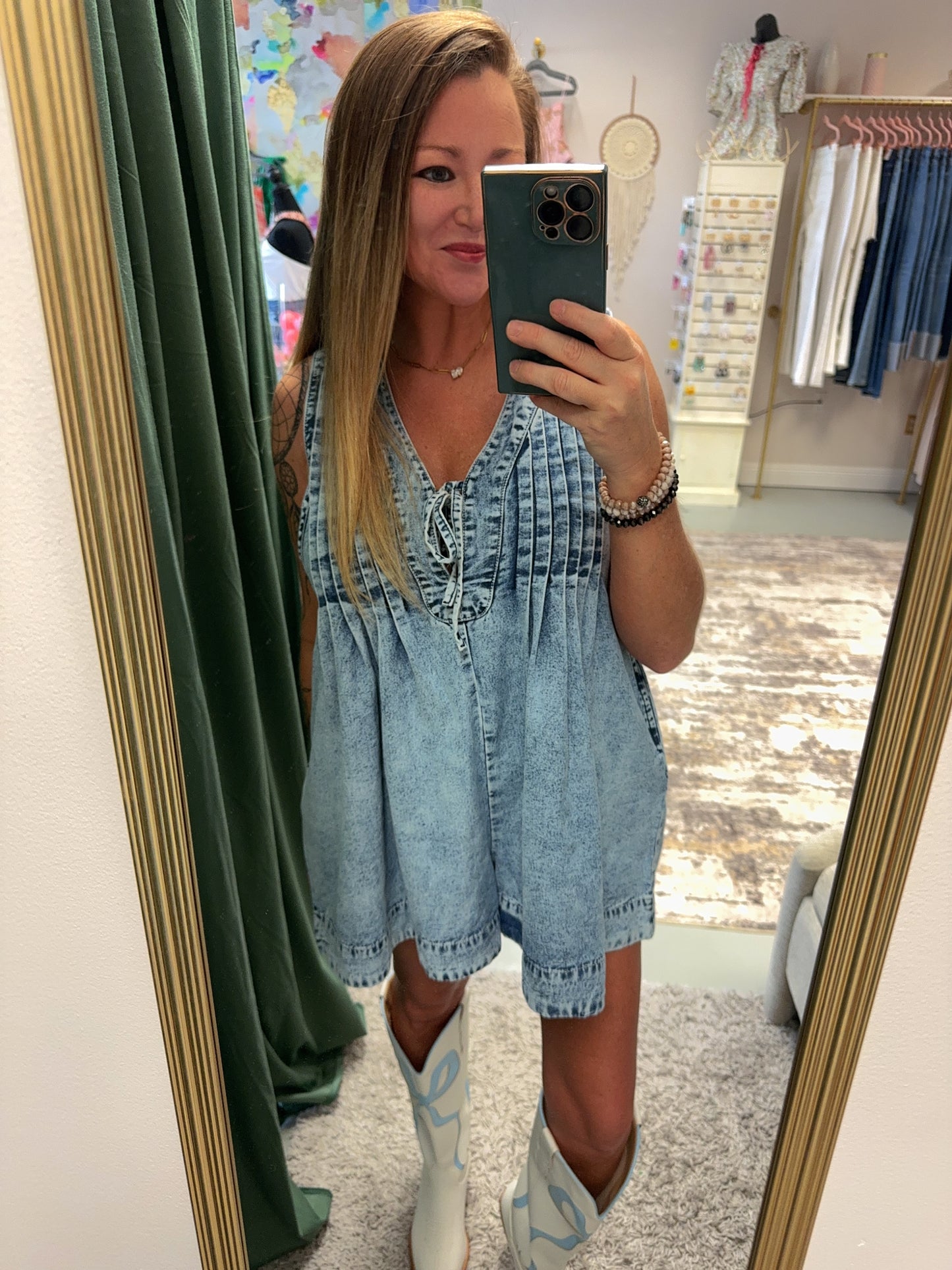 Veveret Downtown Daze Denim Pleated Romper