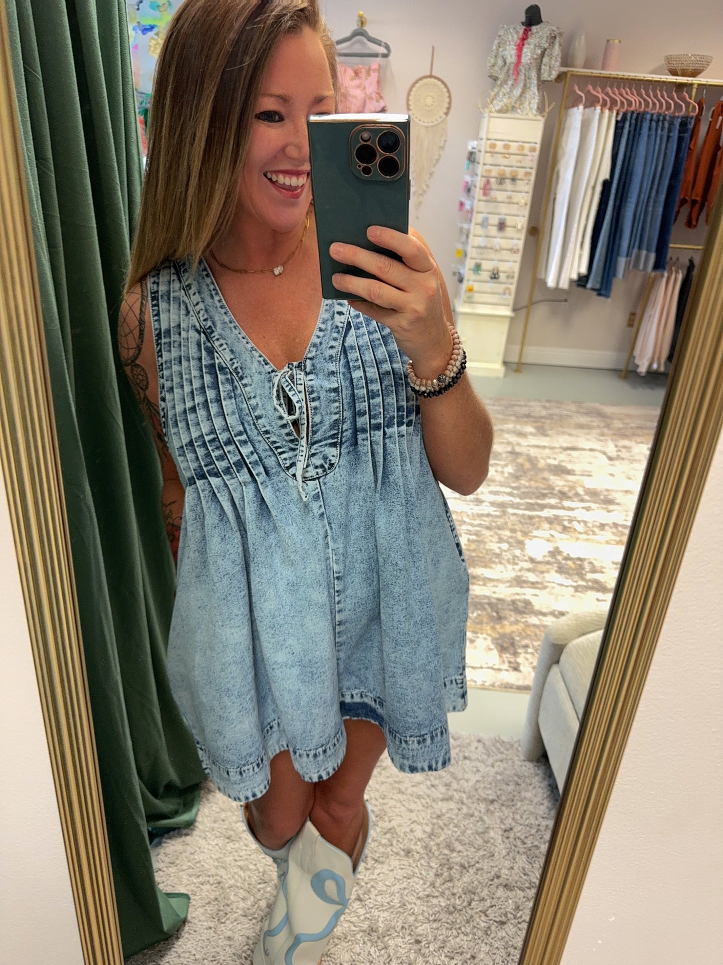 Veveret Downtown Daze Denim Pleated Romper