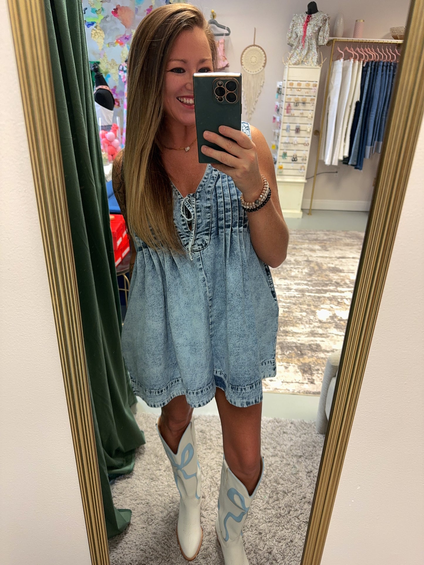 Veveret Downtown Daze Denim Pleated Romper