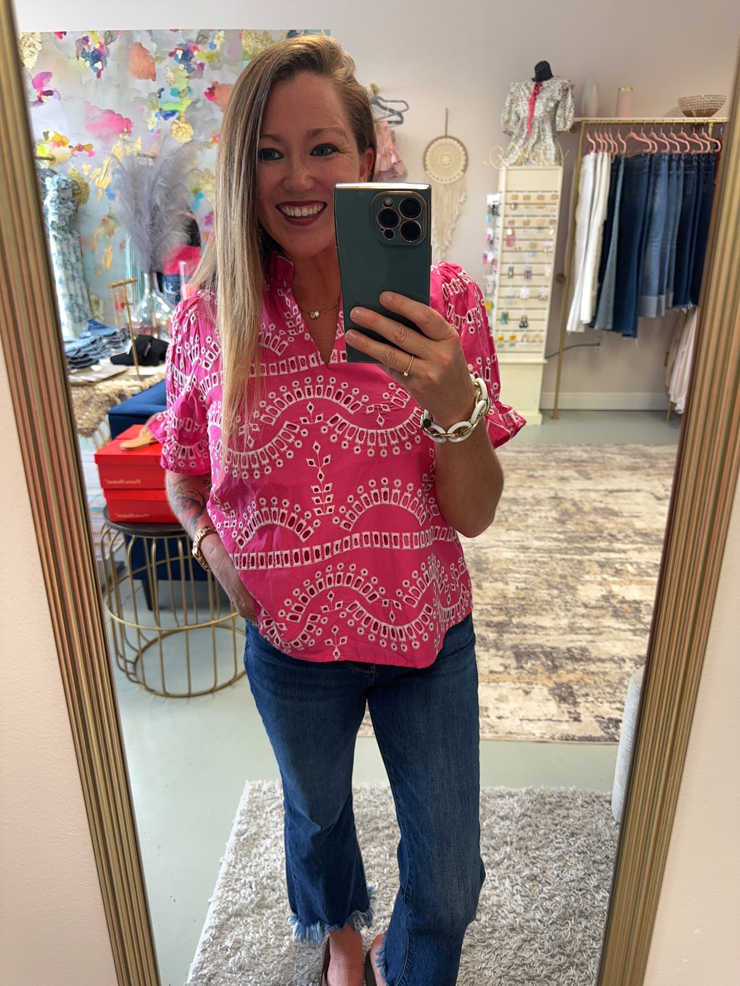 Hot Pink Embroidered Puff Sleeve Top