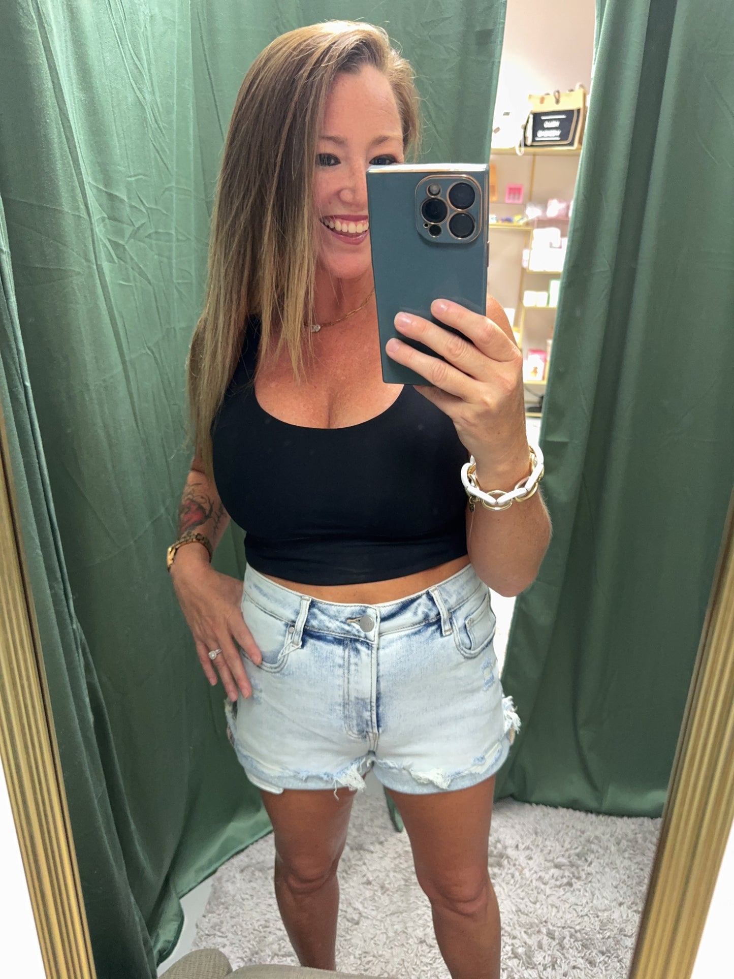 High Rise Light Wash Distressed Shorts