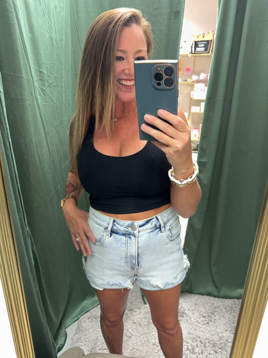 High Rise Light Wash Distressed Shorts
