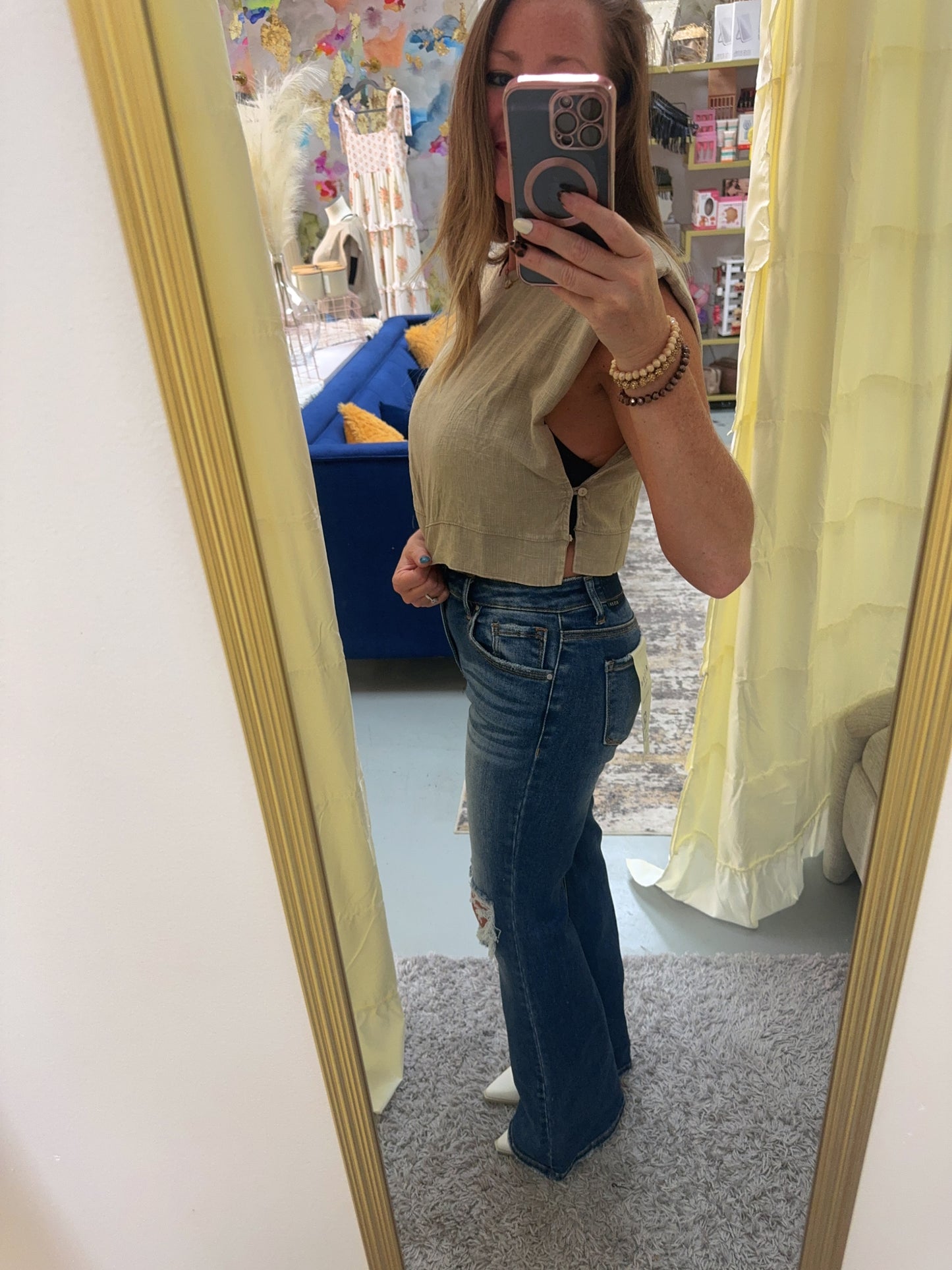 Beige Acid Wash Side Button Crop Top